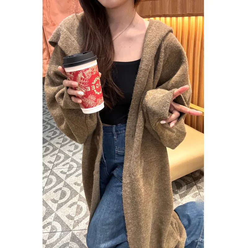 Korean style women's hooded long cardigan in below-the-knee length, loose fit