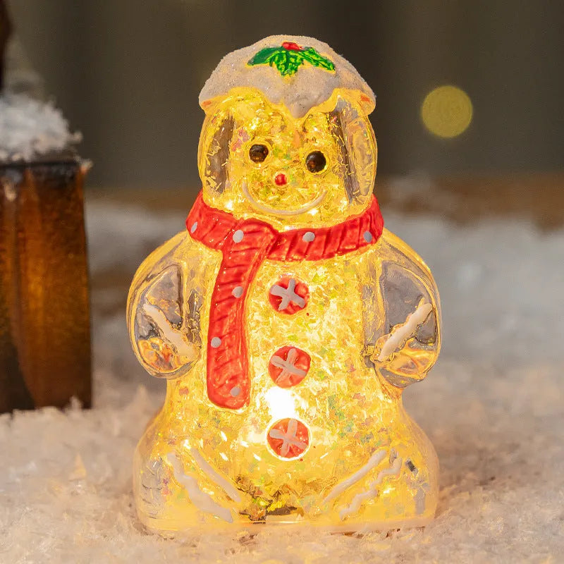 Glowing plastic gingerbread man Christmas ornament with a scarf in one of four colour options.