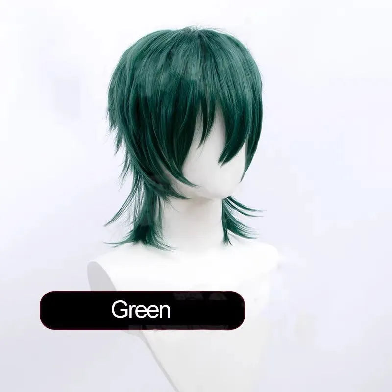 A short hairstyle Anime cosplay wig for men on a stand, shown in a vibrant colour.