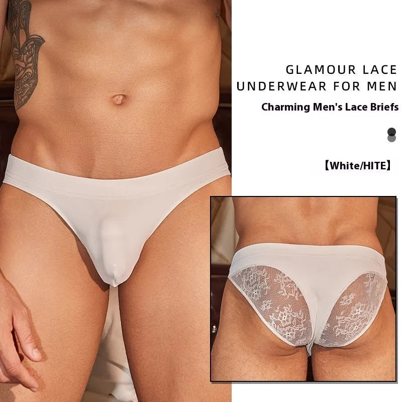 Men's black shark skin lace briefs, free size, hip-hugging style.