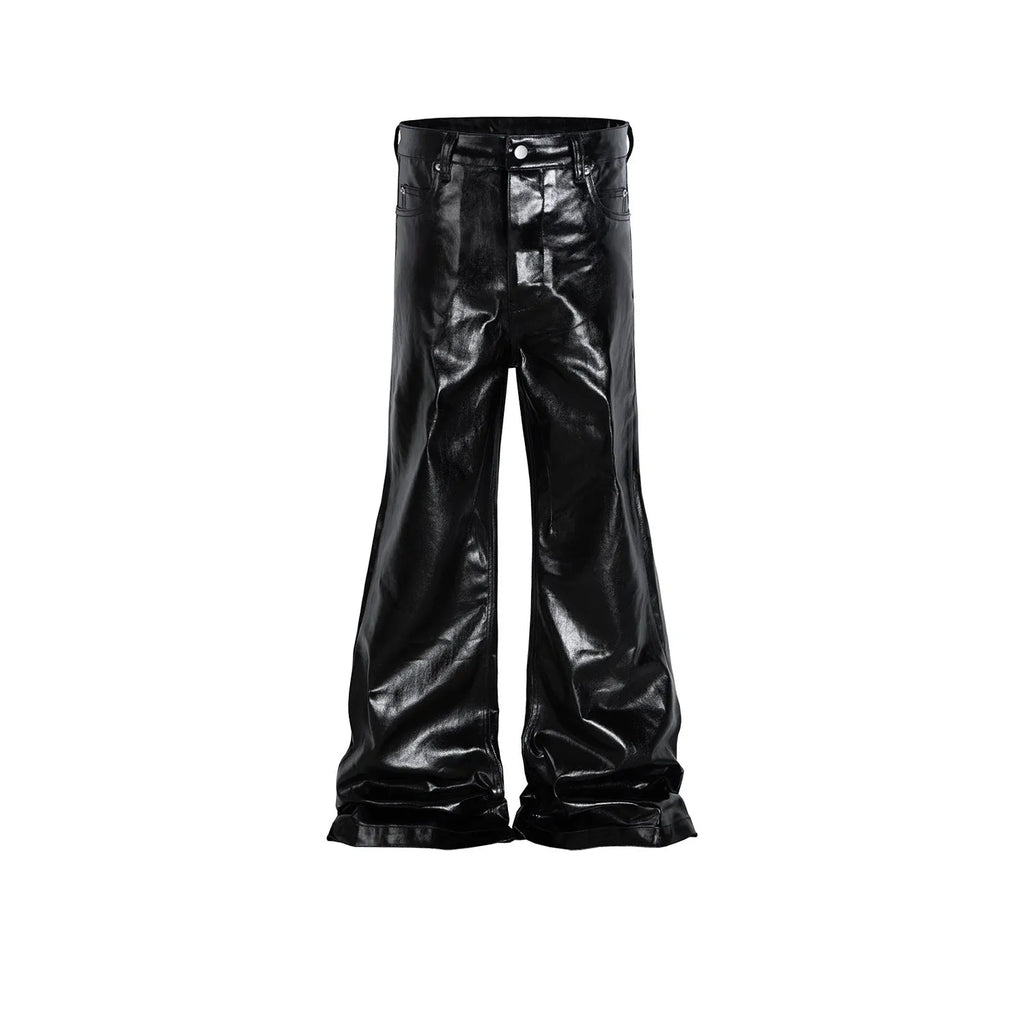 Black women's skinny jeans with a shiny patent leather finish and straight-leg cut.