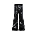 Black women's skinny jeans with a shiny patent leather finish and straight-leg cut.