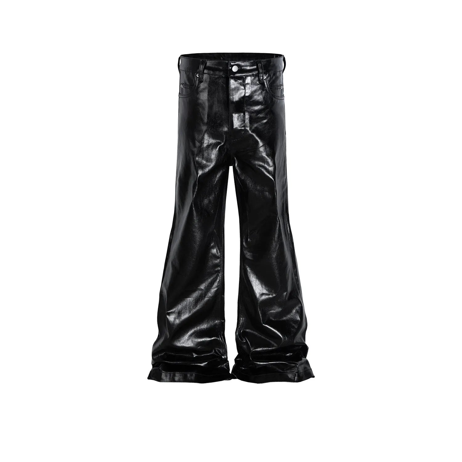 Black women's skinny jeans with a shiny patent leather finish and straight-leg cut.