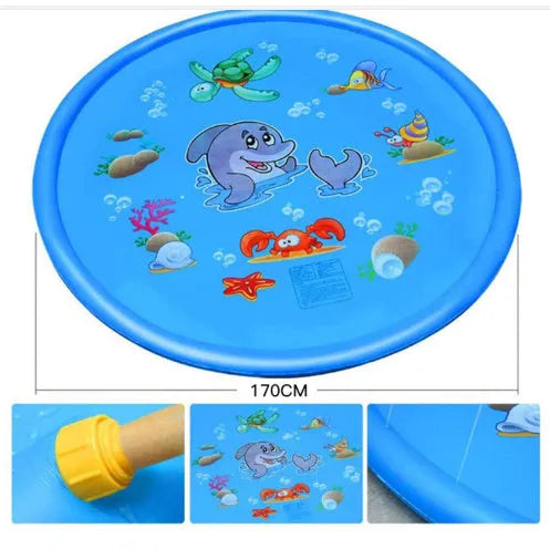 Blue PVC children's water spray play mat with marine animal designs, shown connected to a garden hose