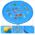 Blue PVC children's water spray play mat with marine animal designs, shown connected to a garden hose