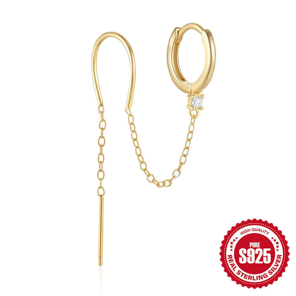 S925 sterling silver geometric ear clip stud earrings with flower and tassel design in electroplated gold colour