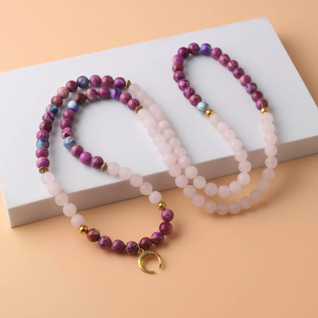 Round pink crystal and Emperor Stone beads pendant necklace on model