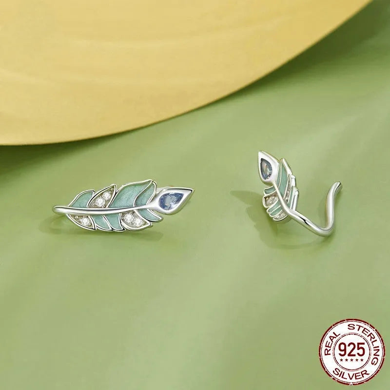 Mori Style feather stud earrings in S925 sterling silver with white gold plating, 12mm by 6mm, natural style for women