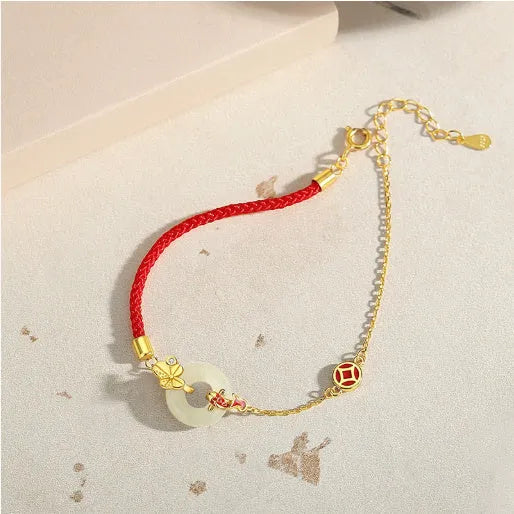 925 silver koi safety buckle bracelet with peace buckle and red rope detailing