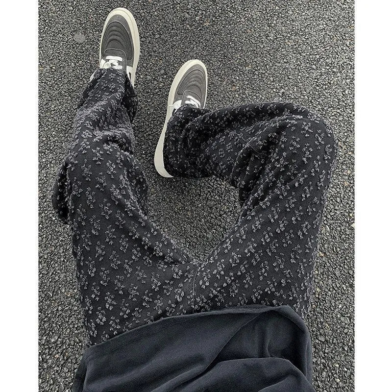 Men's jacquard full-print denim jeans in black, mid-rise button fly, streetwear casual trousers