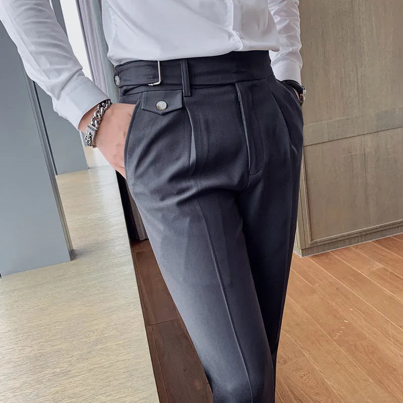 Straight leg casual trousers in solid colours on a size chart background.