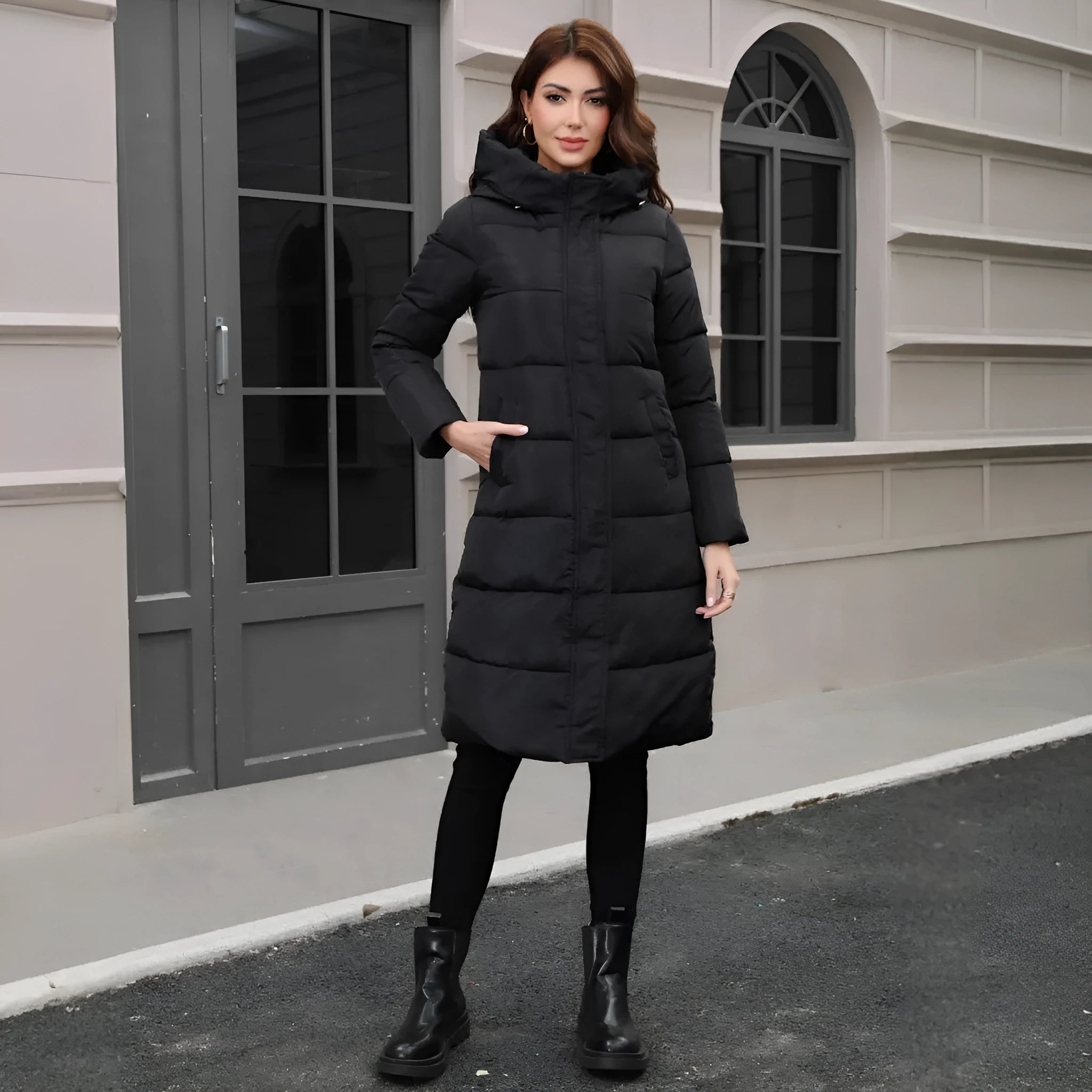 Men's black slim fit hooded jacket with long sleeves on a model