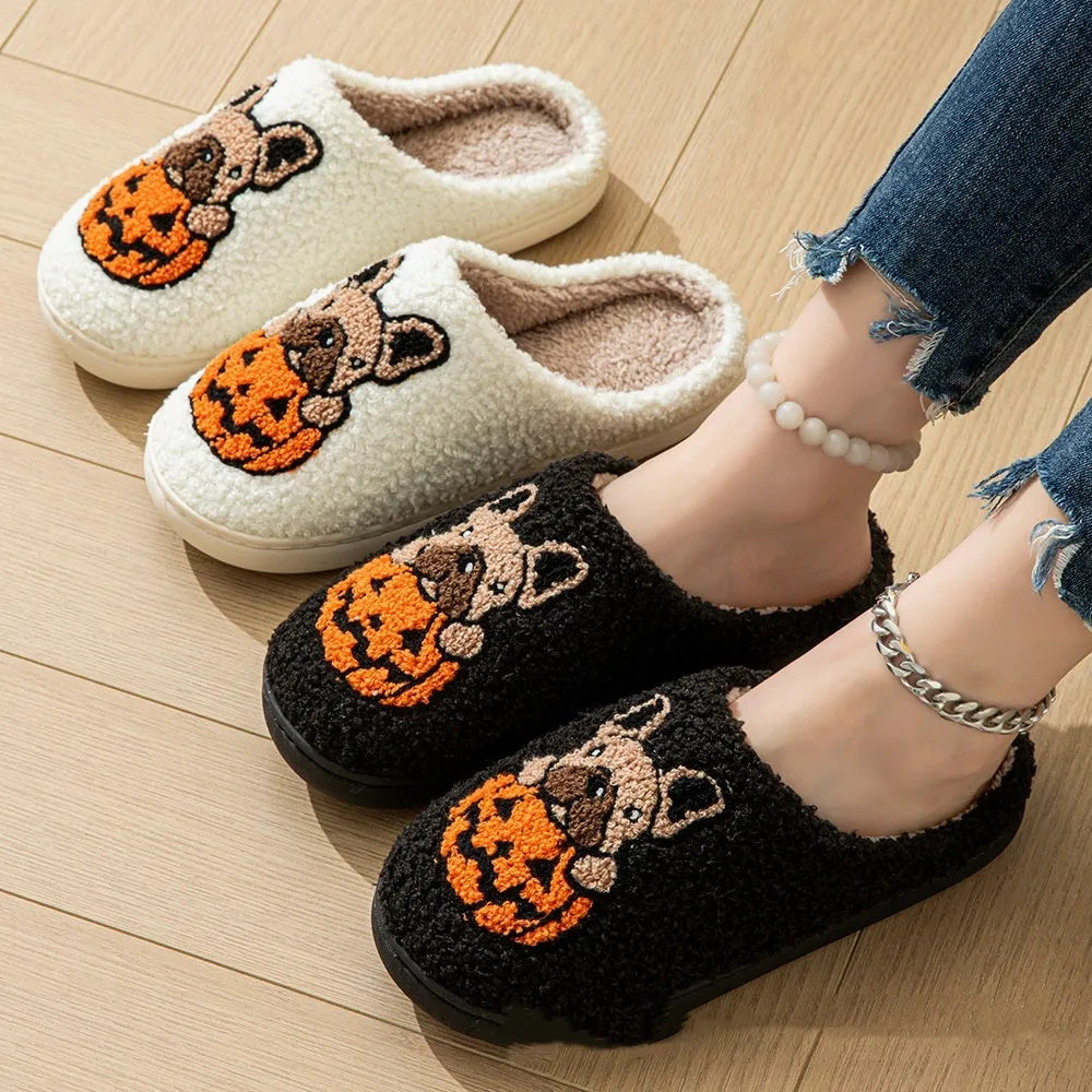 Halloween pumpkin pattern plush slippers with non-slip TPR rubber soles in black and white colours