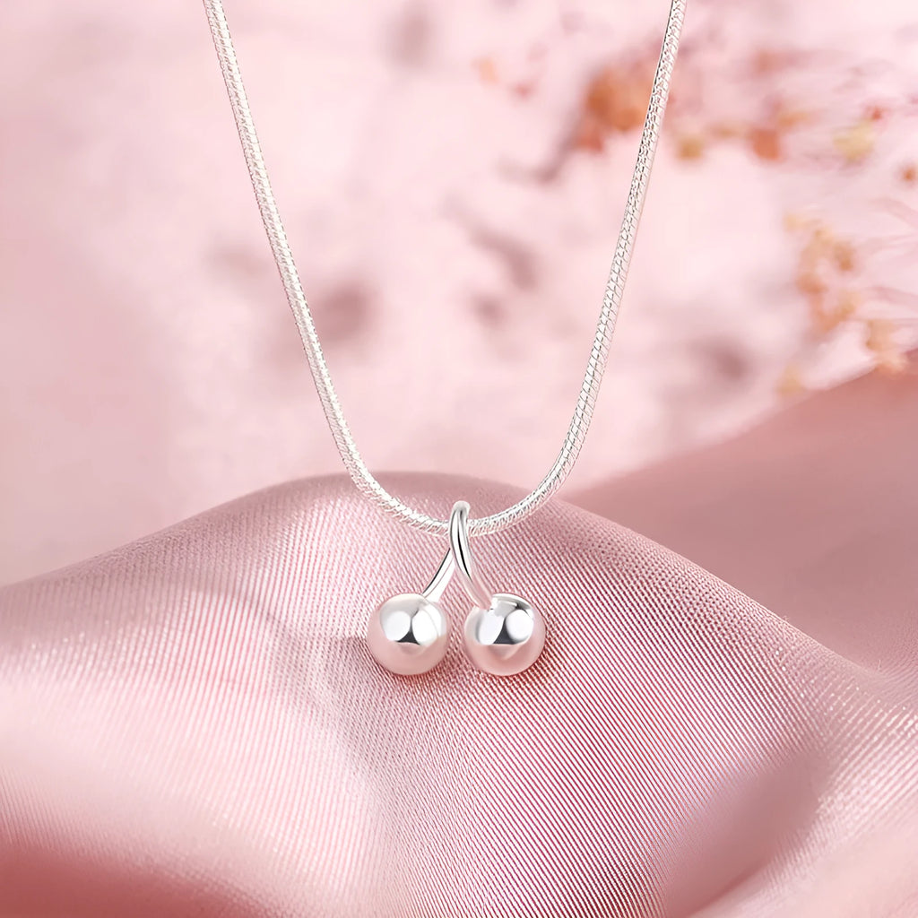 Women's silver cherry necklace with adjustable snake bone chain and fruit pendant