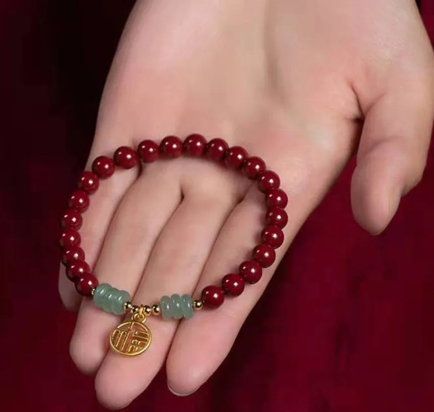 Handmade wave-shaped cinnabar and copper bracelet in national style design