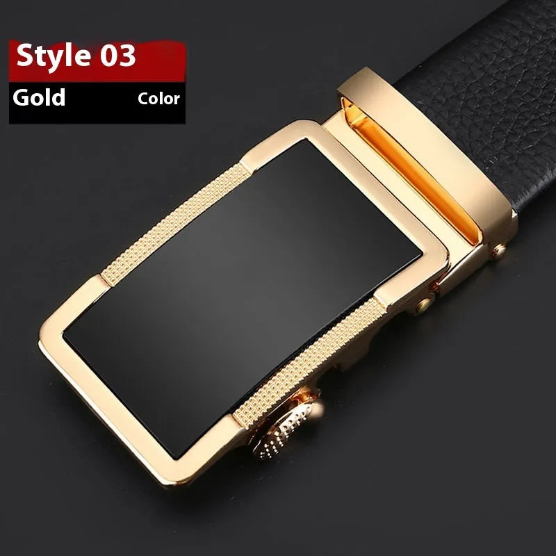 Men's leather automatic click buckle belt in gun black, silver, or gold colour