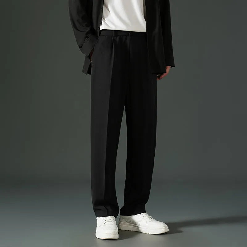 Men's fleece-lined casual trousers in solid colour, mid waist with zipper fly, Ice Silk fabric