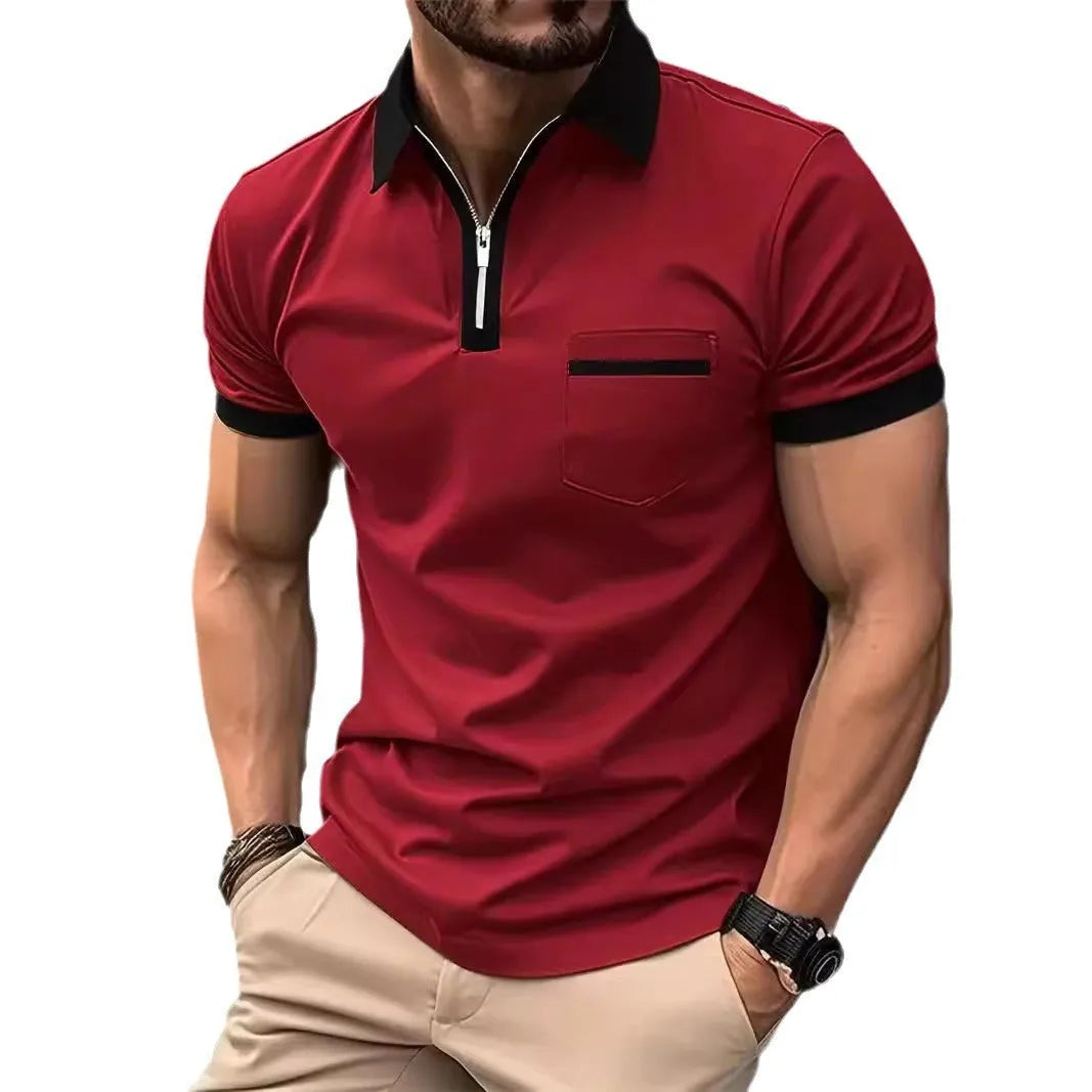 Men's loose-fit casual short-sleeve shirt with a zipper on the chest pocket, shown in a two-tone colour option.