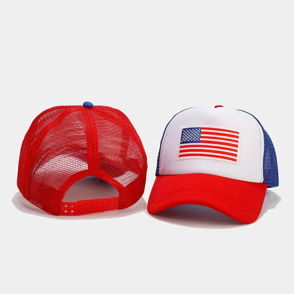 Red and blue Space Cotton mesh baseball cap with adjustable sizing and dome crown