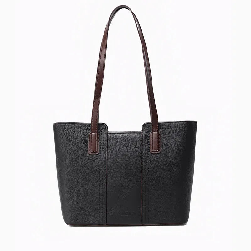Women's genuine leather shoulder bag in khaki colour showing box-type design and organised interior compartments