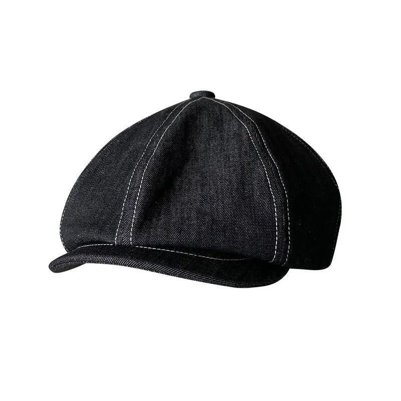 Black Japanese denim cotton beret hat with retro octagonal design