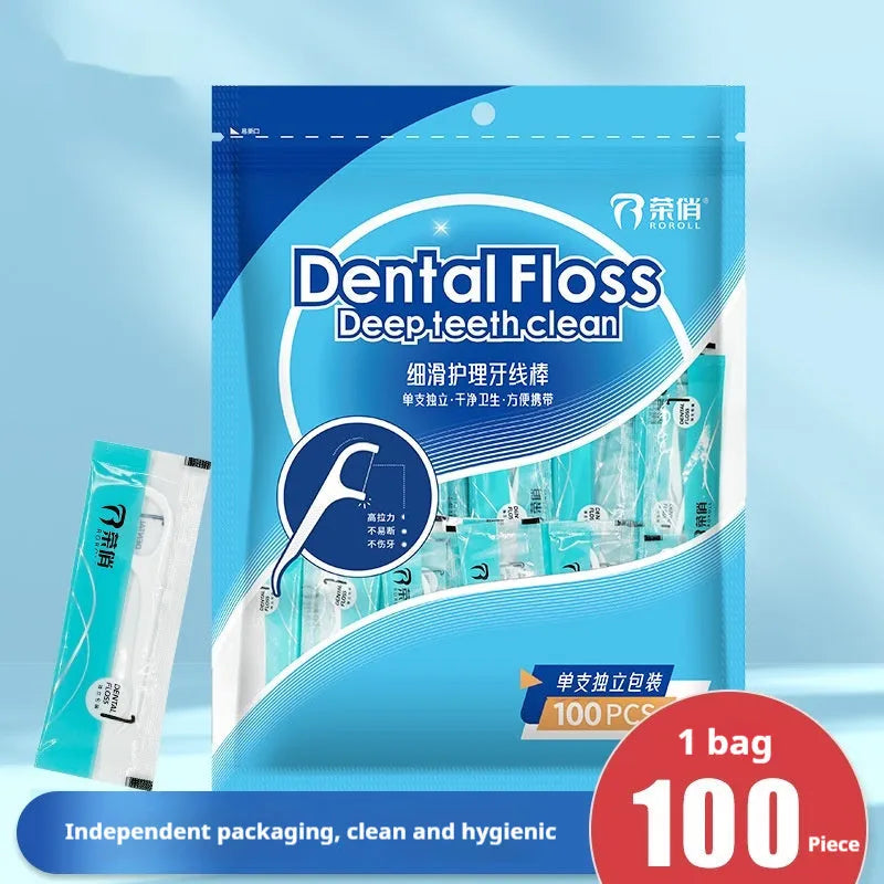Independently packaged dental floss in portable plastic bag with 100 single-use strands