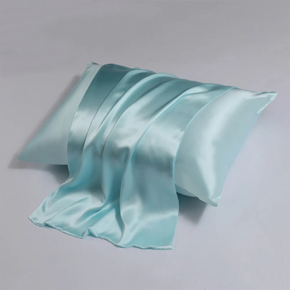 Double-sided silk pillowcase with concealed zip in baby blue colour showing size options