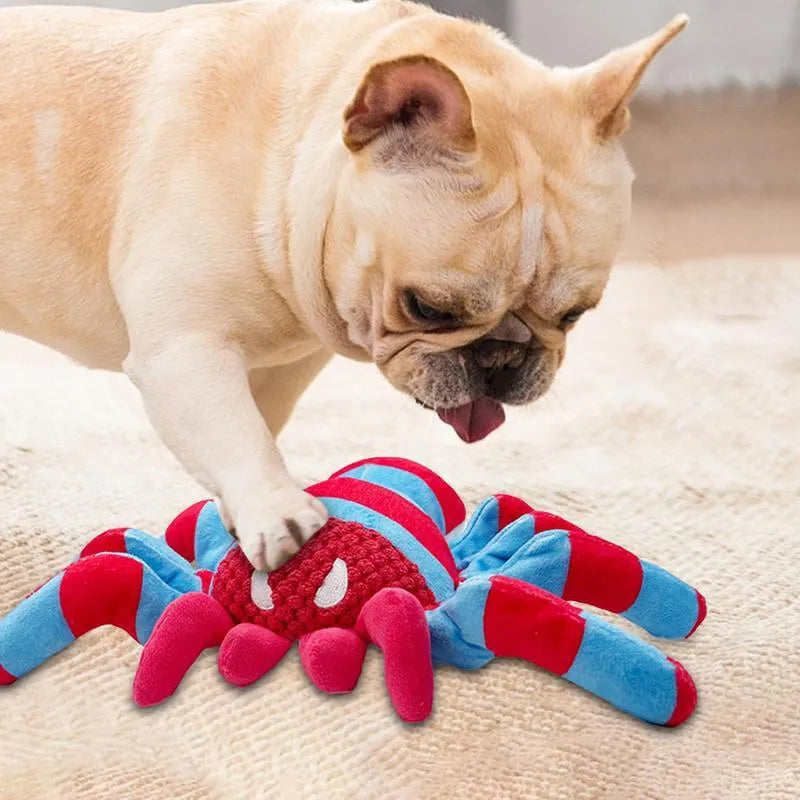 Red teddy dog chew toy with squeaker for tooth cleaning and boredom relief