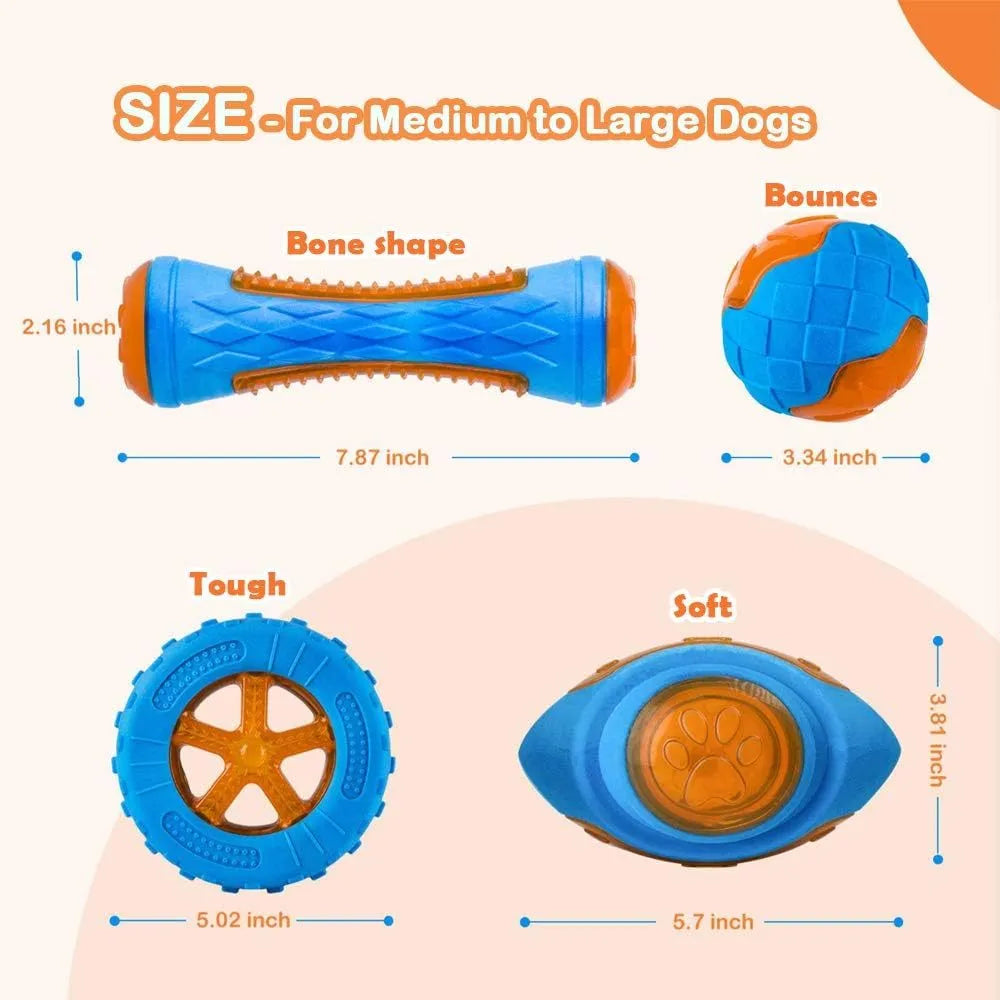 Set of three TPR dog toys: a red ball, blue barbell, and orange tyre on a blue background.