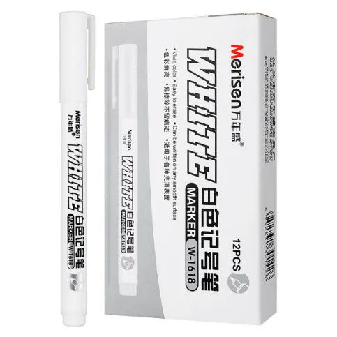 Super White Dazzling fine head painting pen with 2.8mm thick white tip, 14cm length, on dark surface