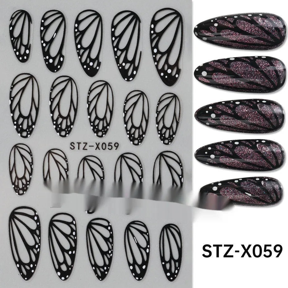 Sheet of black and silver strip nail art stickers with cartoon and love heart designs