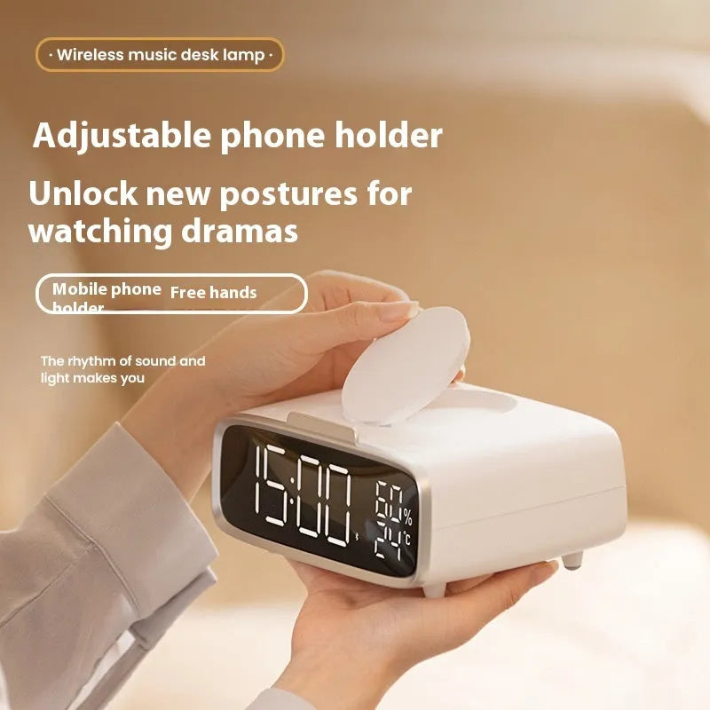 White Bluetooth speaker wireless charger with night lamp showing Qi charging surface and LED illumination