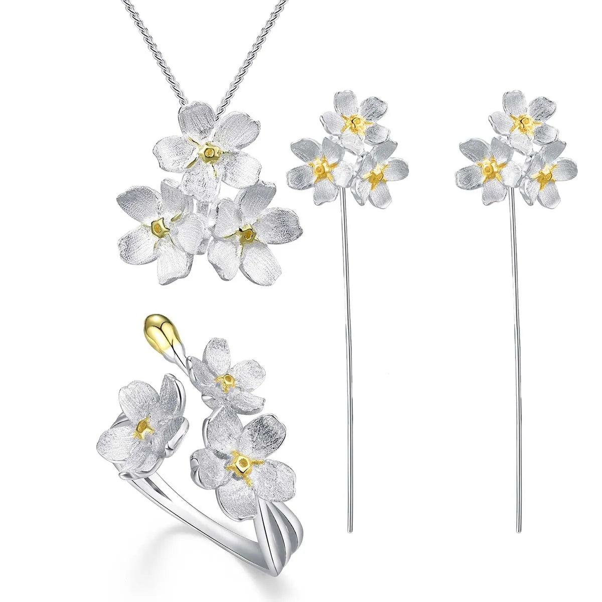 Sterling silver forget-me-not flower pendant in pastoral style with electroplated finish