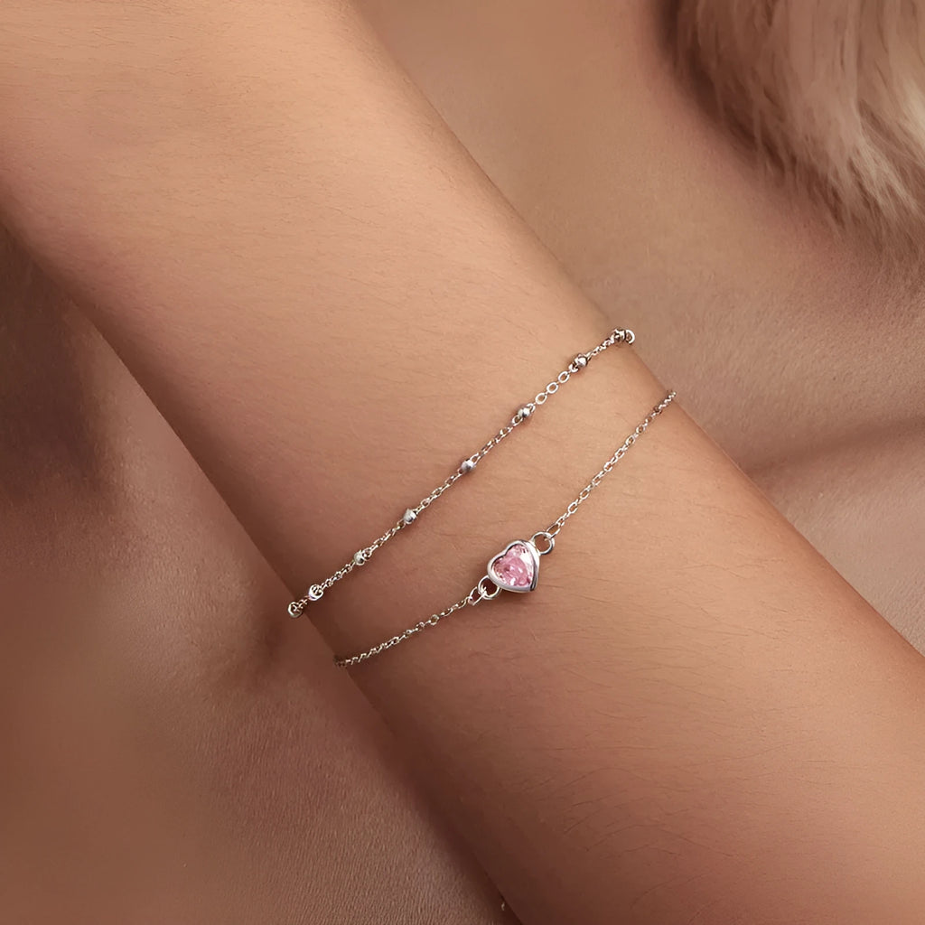 Women's sweet style 925 sterling silver bracelet with a 6mm heart pendant on an adjustable chain.