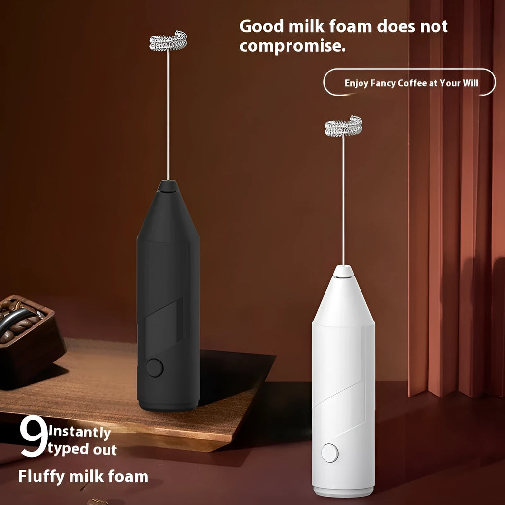 Mini handheld electric milk frother in black, white and khaki colours with USB charging