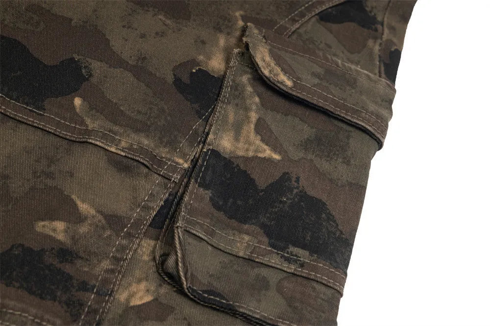 Men's camouflage denim trousers mid-waist casual work pants