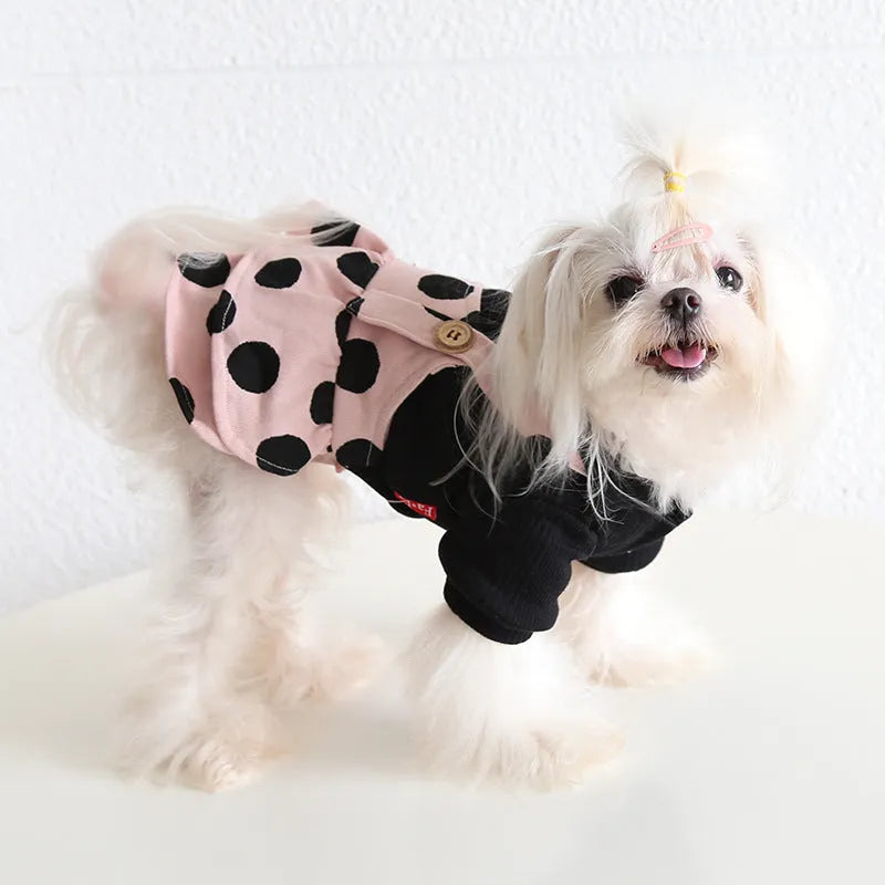 Pet couple outfit set with lapel shoulder straps in cloth material, available in sizes XS through XL