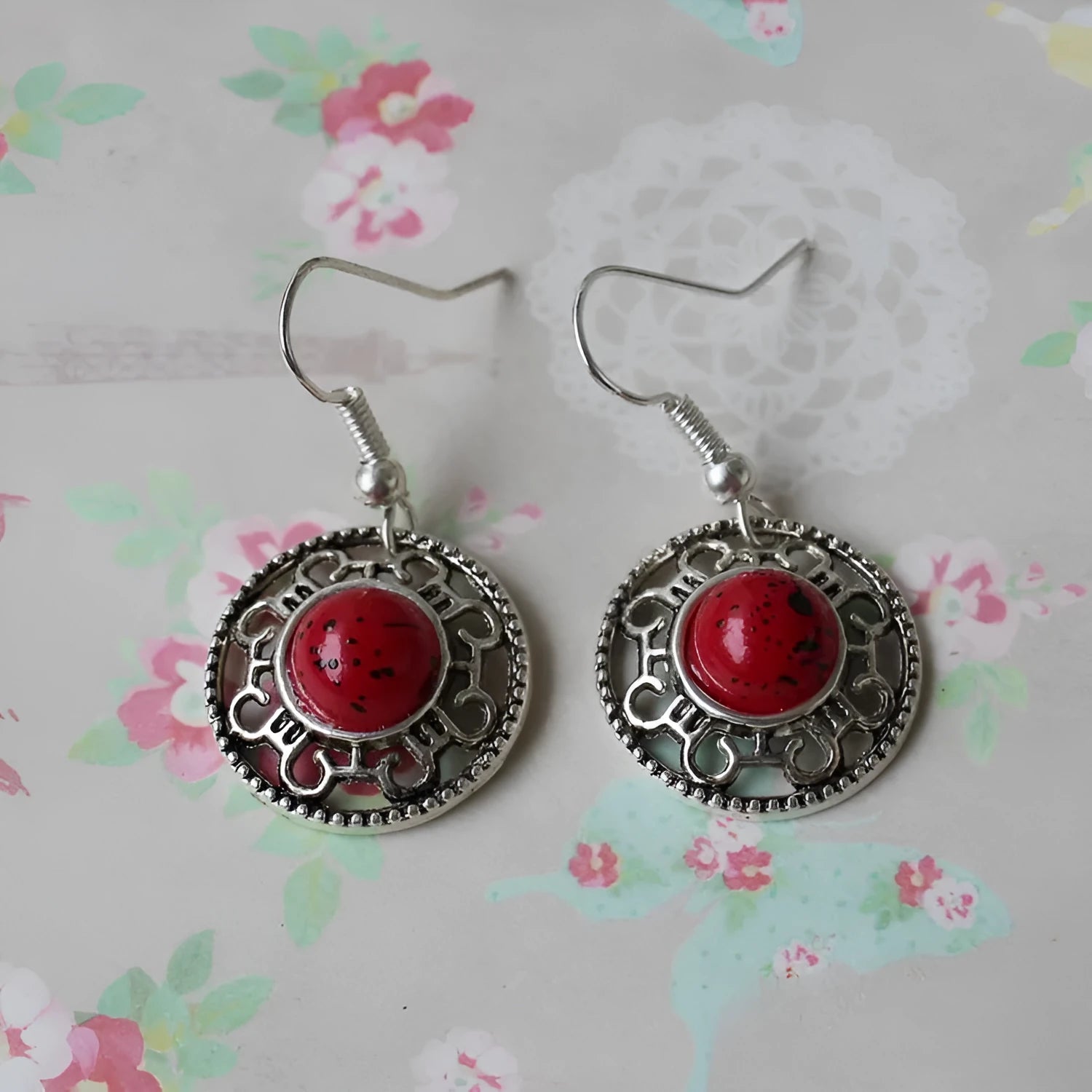 Geometric ethnic earrings with Tibetan silver and turquoise stones in traditional Miao style