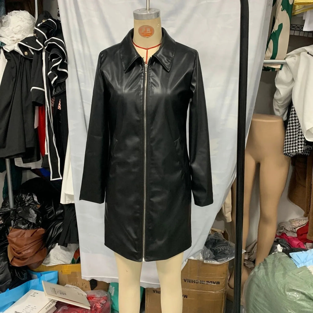 Black women's medium-length polyester leather jacket on a hanger