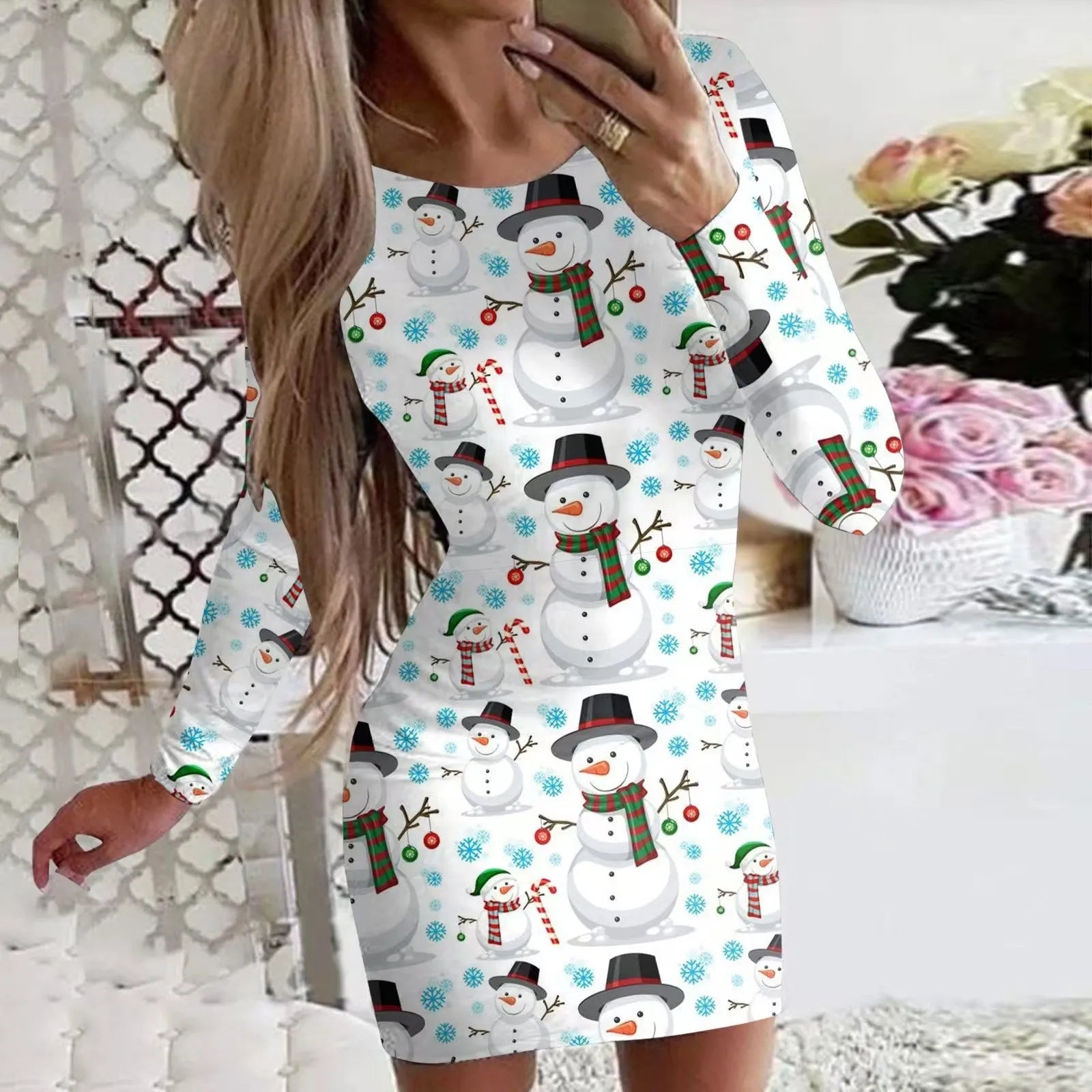 Animal pattern round neck dress with long sleeves and hip skirt styling in floral colour