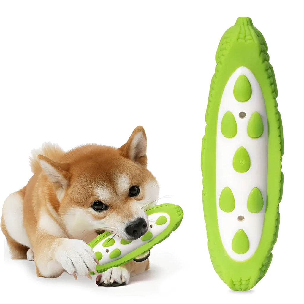 Green durable rubber simulation dog toy for large dogs, shown with chew marks to demonstrate bite resistance