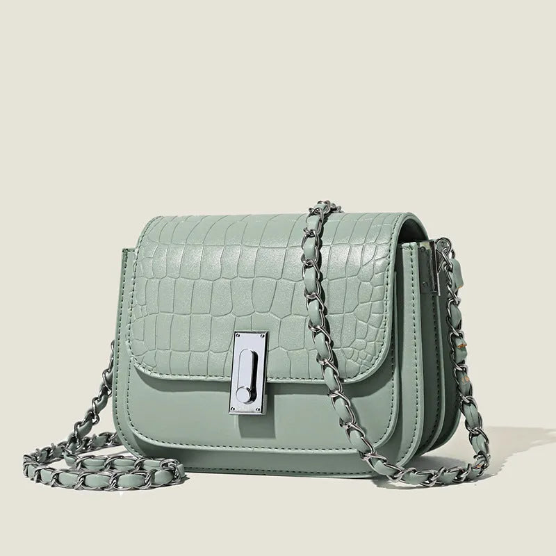 Soft black PU chain shoulder bag with sandwich pocket front and decorative sewing thread details