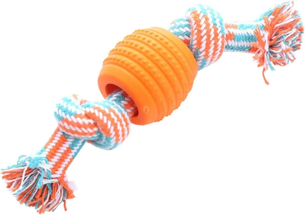 Blue dog chew toy with molar shape and attached rope for dental care.