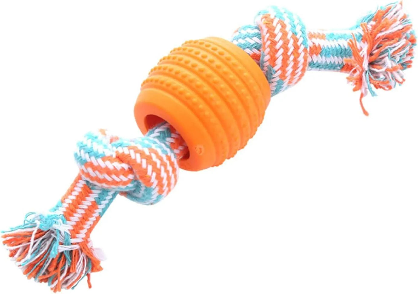 Blue dog chew toy with molar shape and attached rope for dental care.