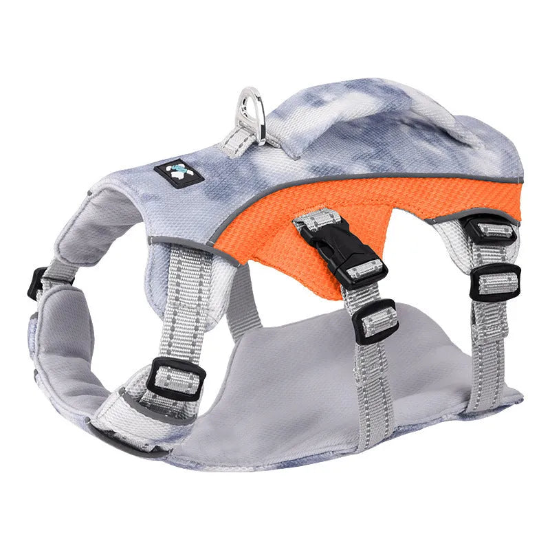 Reflective light blue dog harness chest strap shown on a canine mannequin.