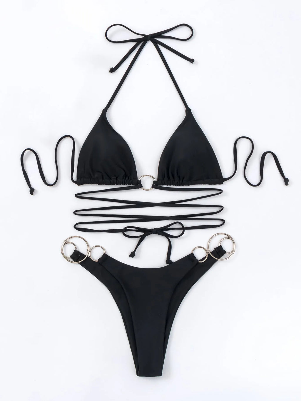 Black women's bikini swimsuit set with metal ring adjustable straps