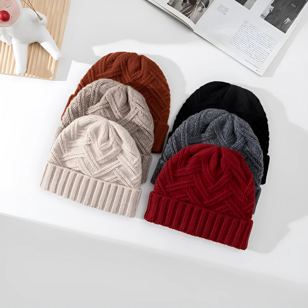 Wool knitted women's hat with dome crown in ankela red colour showing knitted texture