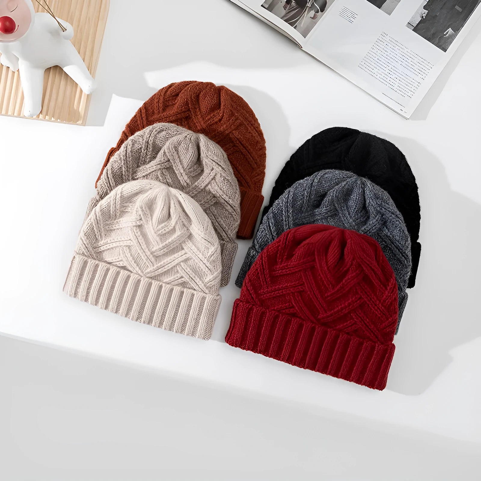 Wool knitted women's hat with dome crown in ankela red colour showing knitted texture
