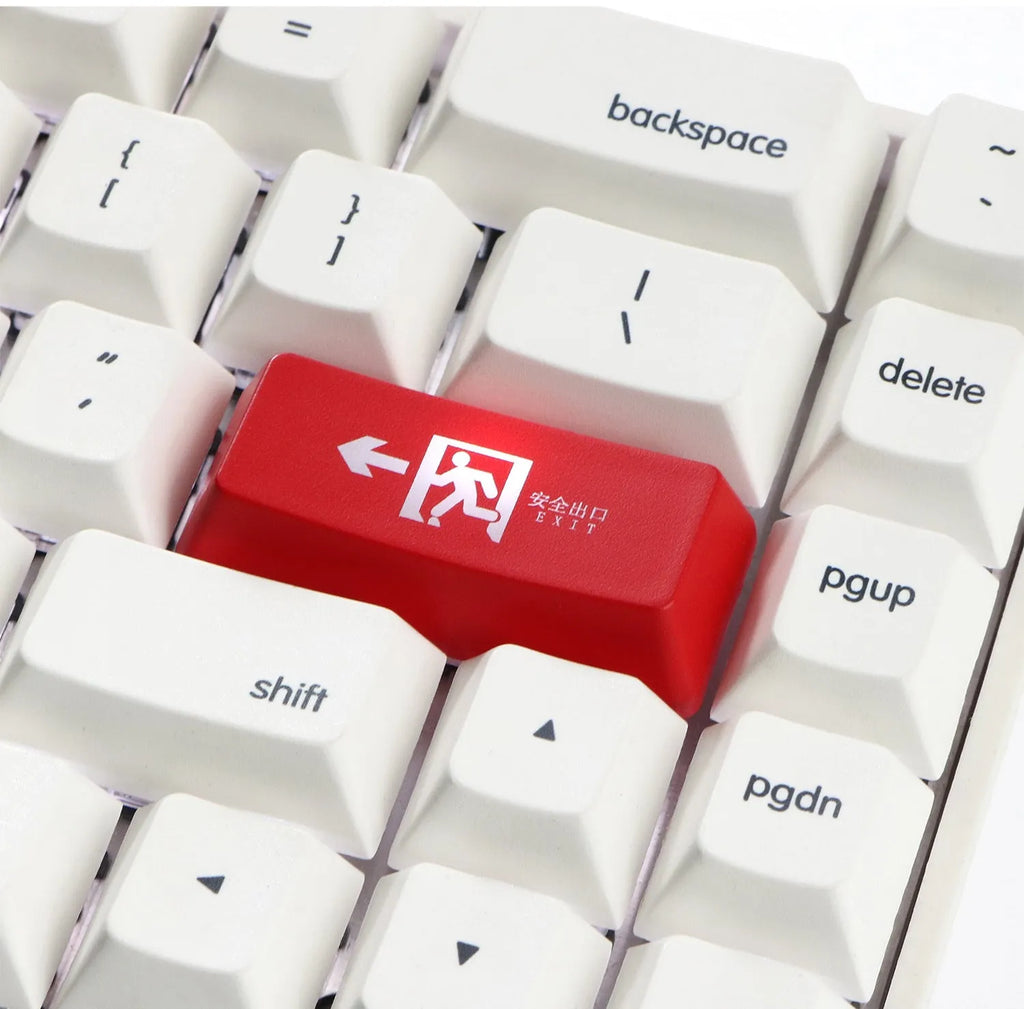 Red Safety Evacuation Exit icon key cap for a mechanical keyboard backspace key.