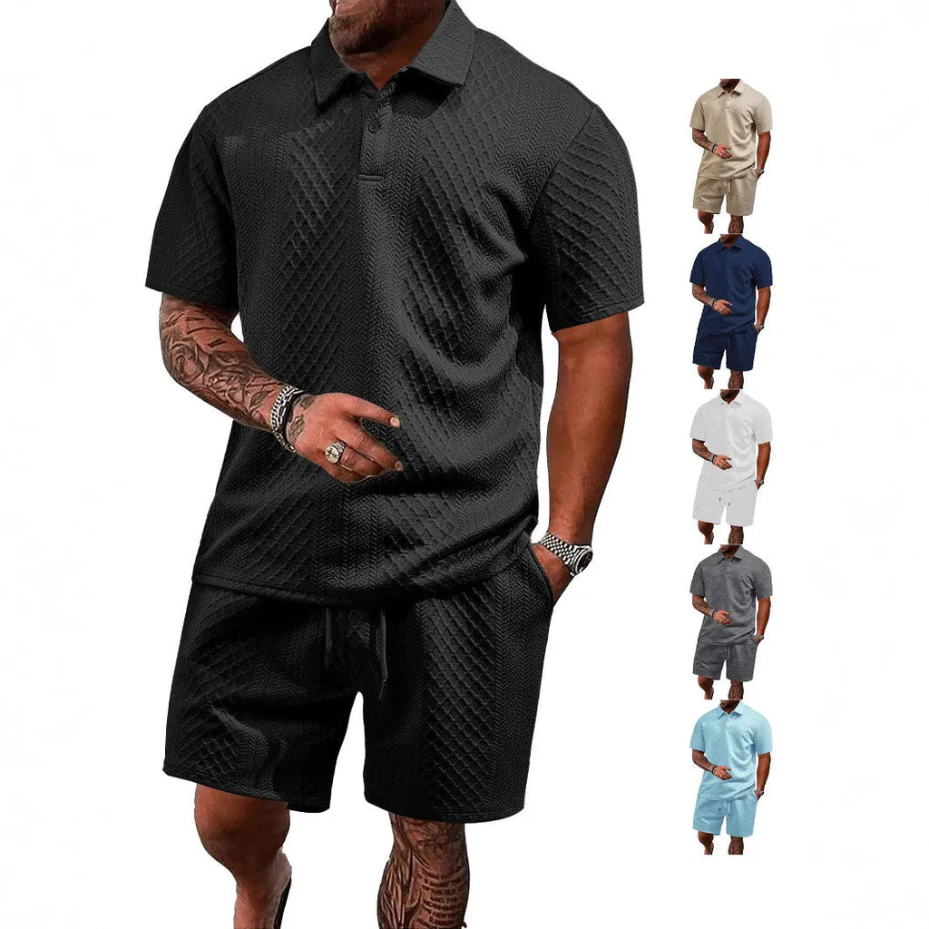 Men's patterned cloth short sleeve polo suit in light blue, shown with matching trousers.